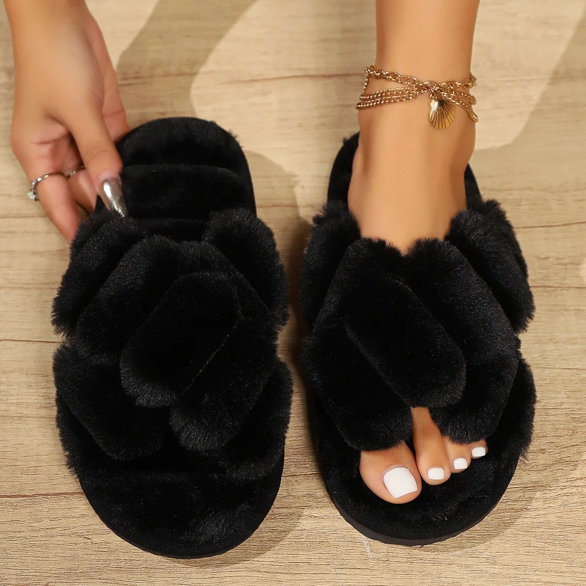 Cross Strap Fluffy Slippers