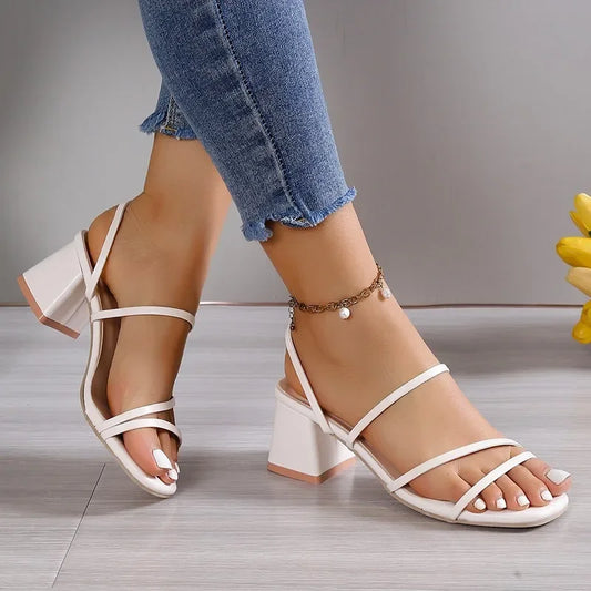 Hot Sale Of The Season New Black Strap Sandals Women's Fairy Style Mid Heel Slippers Outdoor Wear Thick Heel One Strap Female Sh